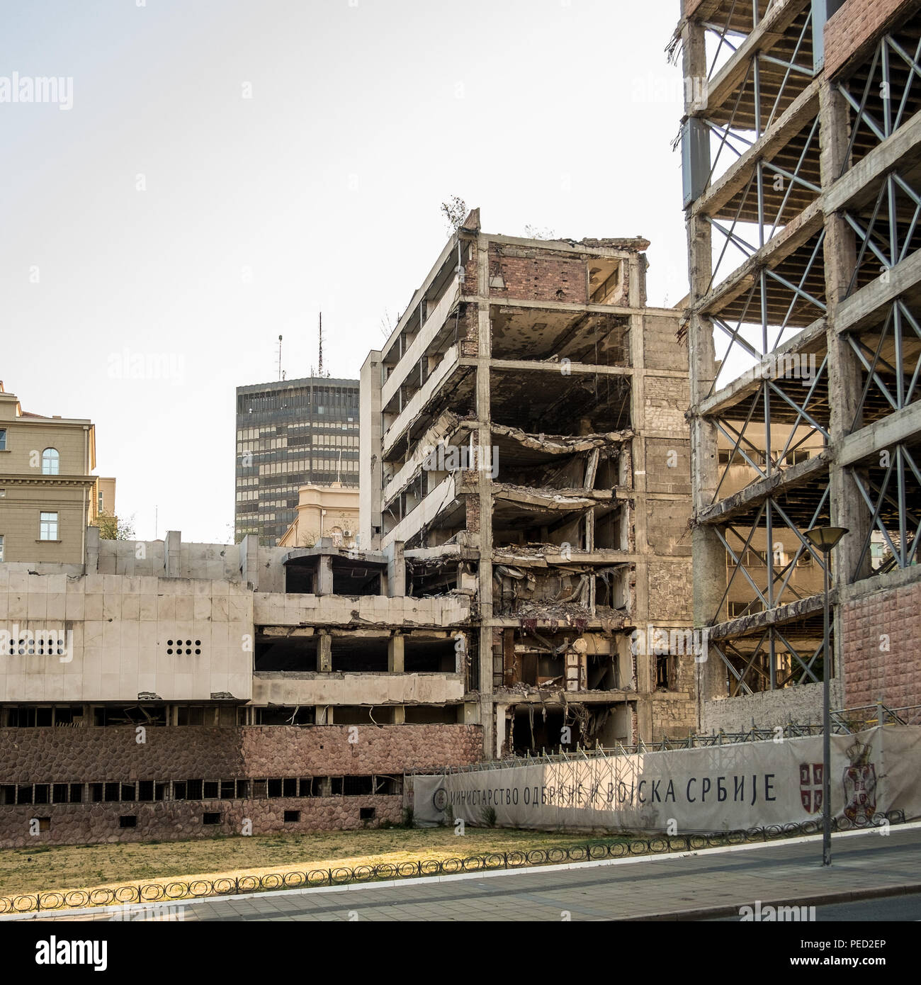 Belgrade, Serbia. August 27, 2017. General Armed Force Staff Building, bombed in 1999 Balkans war, still remain destroyed as memorial. Stock Photo