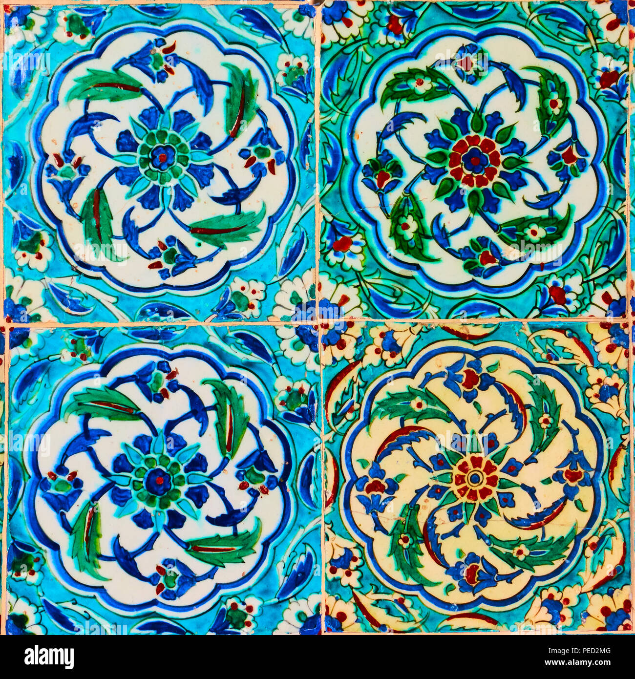 Istanbul, Turkey - July 16, 2018: Ancient turkish ceramic tiles with floral pattern Stock Photo