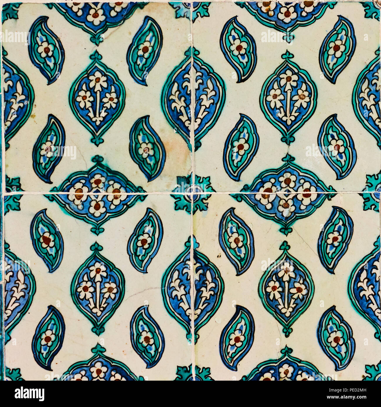 Istanbul, Turkey - July 16, 2018: Ancient turkish ceramic tiles with floral pattern Stock Photo