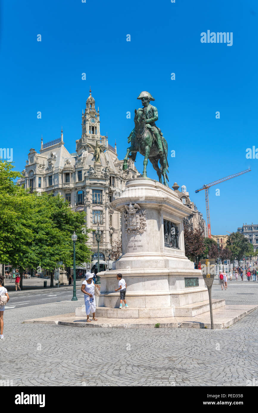 king Pedro IV equestrian bronze statue at Praça da Liberdade in old town. Stock Photo