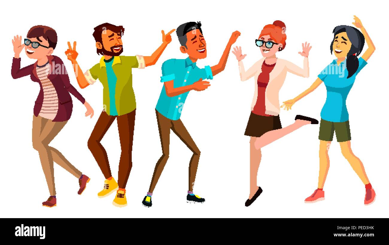 Dancing People Set Vector. Smiling And Have Fun. Free Movement Poses. Isolated Flat Cartoon Illustration Stock Vector
