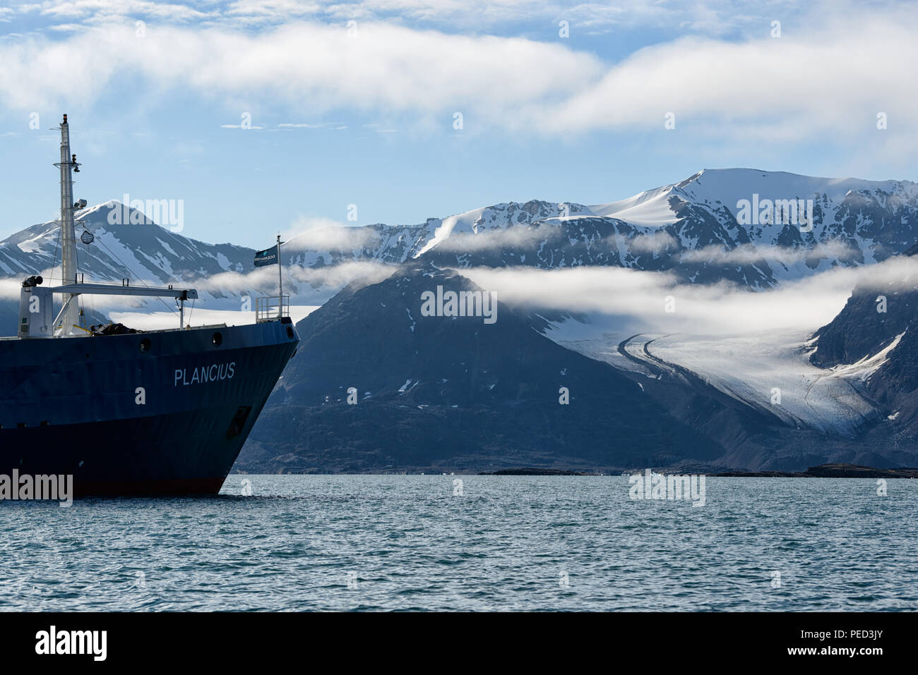 In Liefdefjorden,Svalbard, Norway. Liefdefjorden and Lernerbreen with ship Plancius Stock Photo