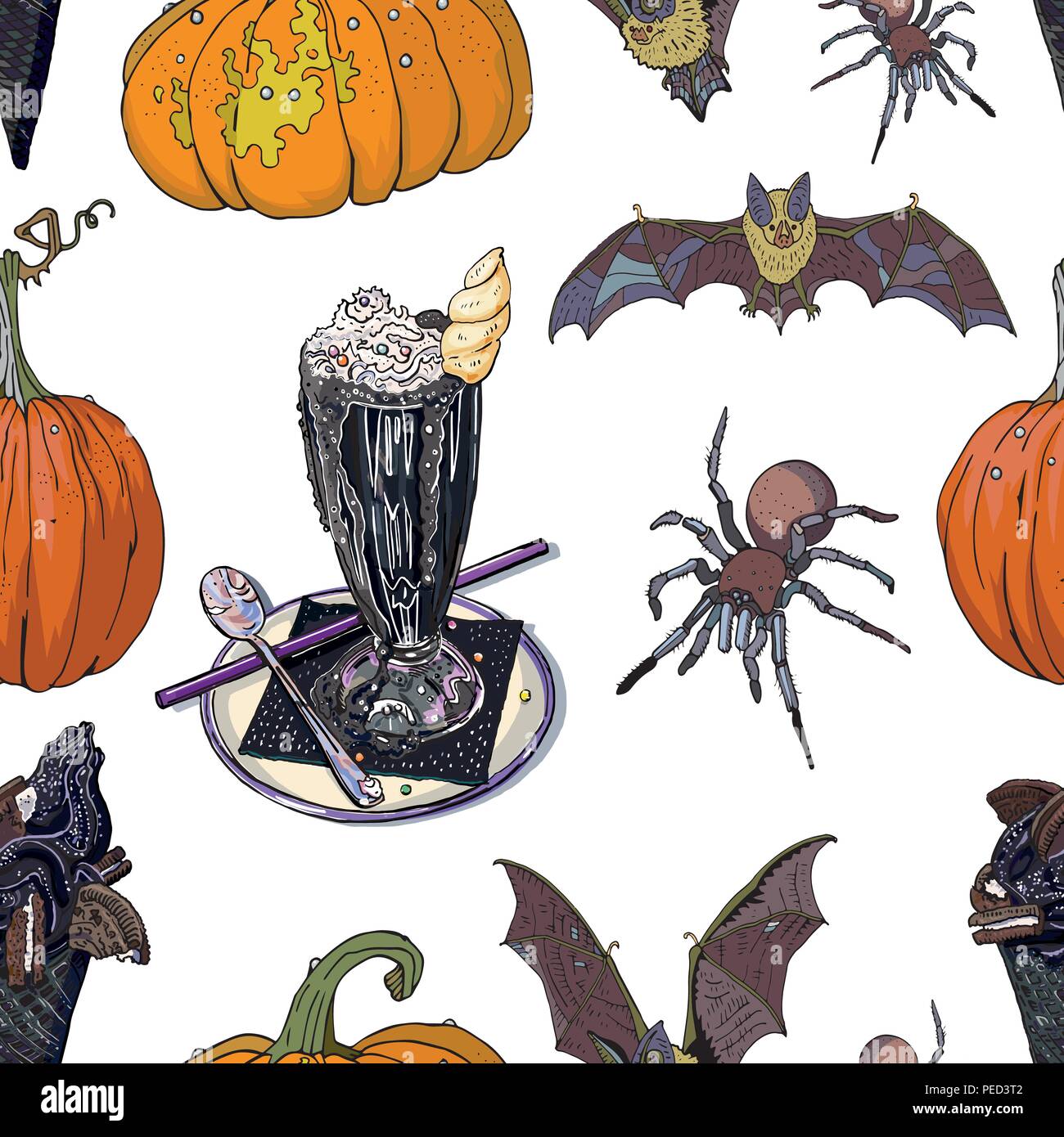 Halloween treats and symbols seamless pattern. Black ice cream cone, unicorn milk shake, pumpkins, candles, chalice, autumn leaves, bats, spider. Fest Stock Vector