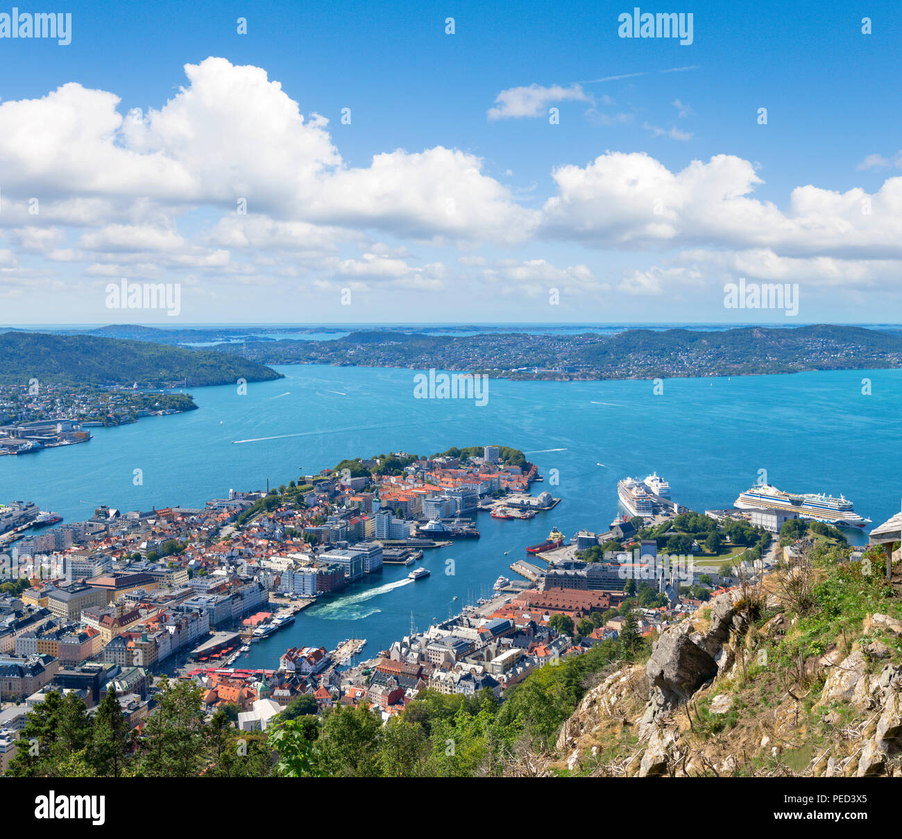 Bergen, Norway. View over the city from the the Fløyfjellet viewpoint a the top of Mount Fløyen, Bergen, Norway Stock Photo