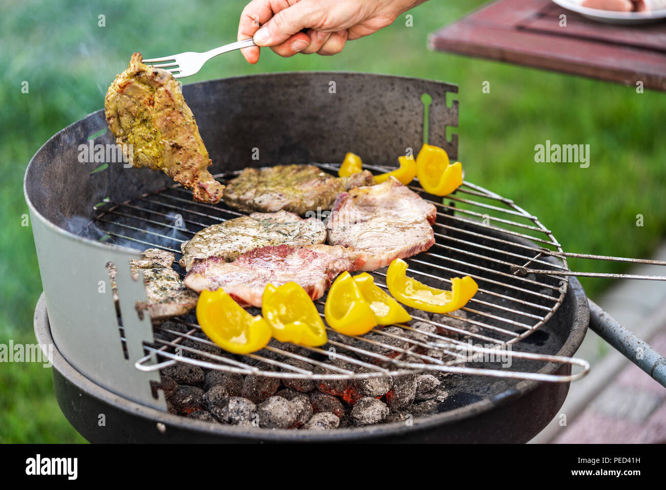 Meat and vegetables on a charcoal grill. Stock Photo