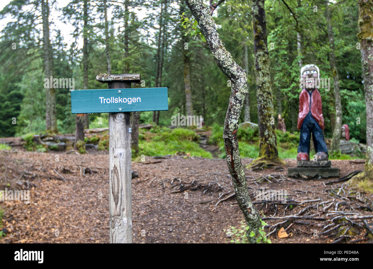 'Trollskogen' sign at a small park in Bergen, Norway, dedicated for kids. Stock Photo