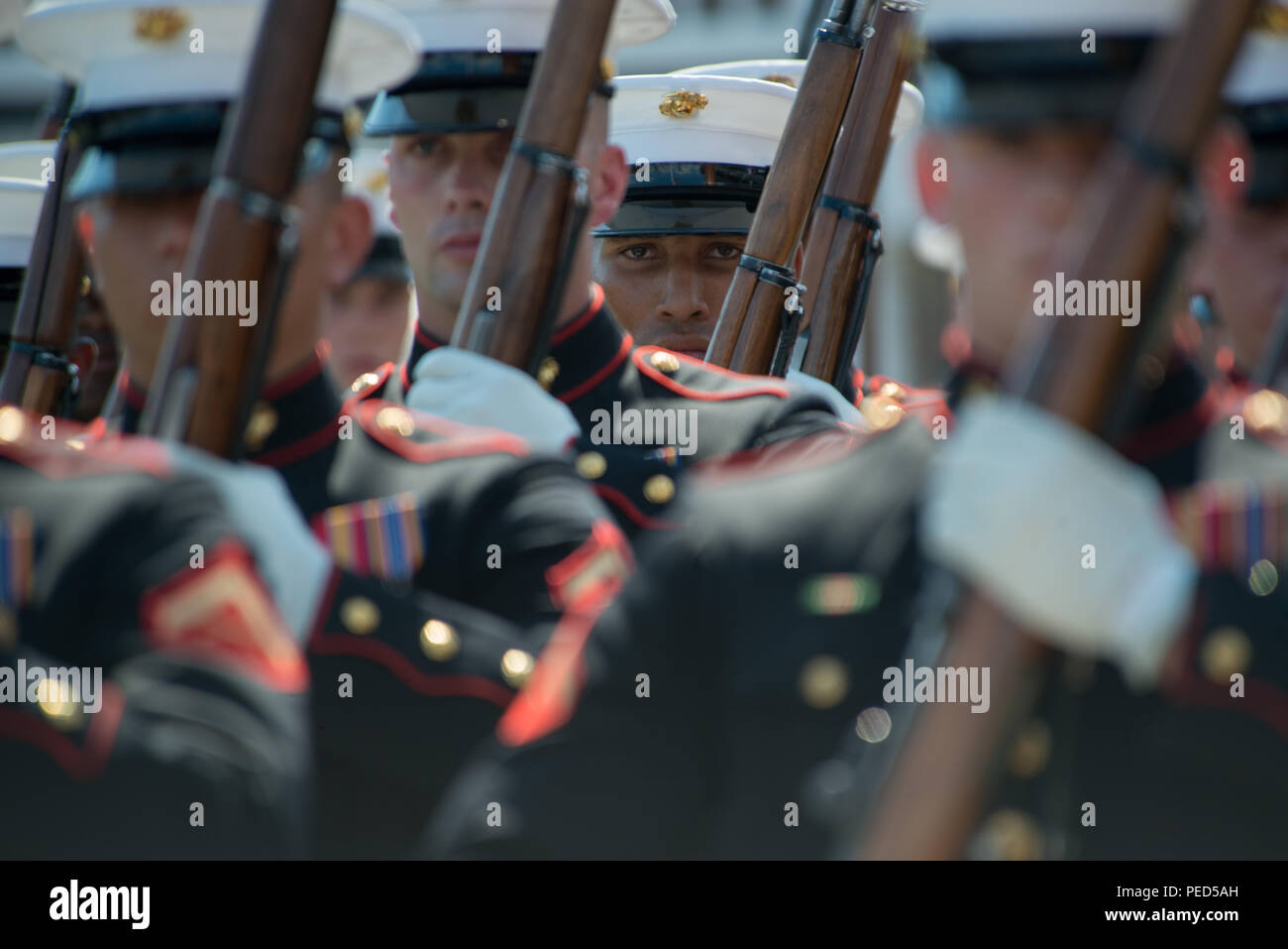 Members of the Marine Corps Silent Drill Platoon perform during the Fort McHenry for the Sea Services Ceremony Aug. 1, 2015. The ceremony celebrated the 100th anniversary of the Coast Guard with a concert by the Chesapeake Concert Band, precision rifle drill by the Marine Corps Silent Drill Platoon, demonstration of hand-to-hand combat exercises, and fife and drum music from the War of 1812 by the Fort McHenry Guard. (U.S. Coast Guard photo by Petty Officer 2nd Class David R. Marin) Stock Photo