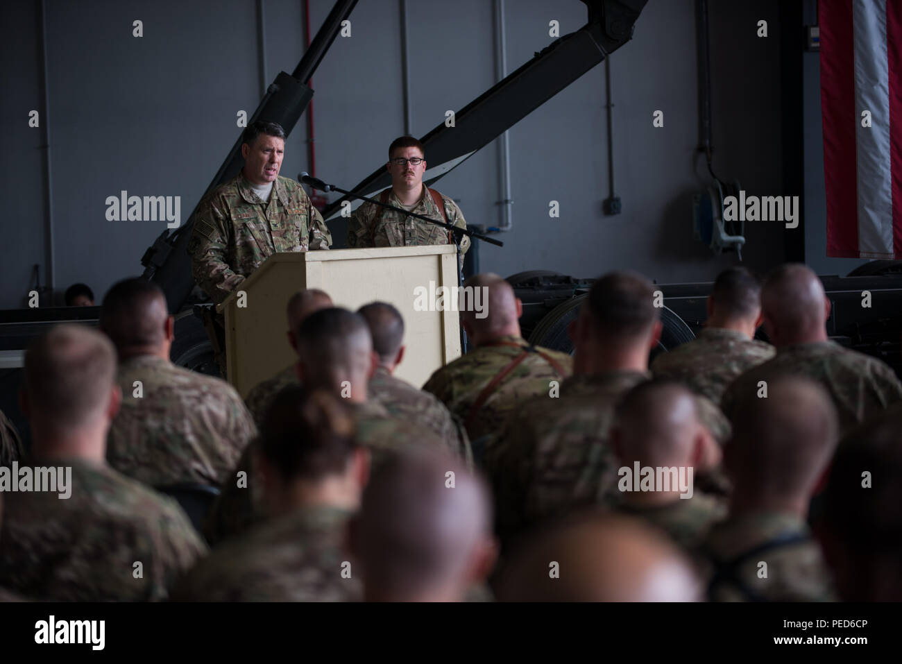 U.S. Air Force Col. William Clark, 455th Expeditionary Mission Support Group commander, speaks during the 455th EMSG change of command ceremony at Bagram Air Field, Afghanistan, Aug. 3, 2015. The 455th MSG is comprised of five squadrons responsible for communications, civil engineer operations, force support, logistics readiness, and security forces. (U.S. Air Force photo by Tech. Sgt. Joseph Swafford/Released) Stock Photo