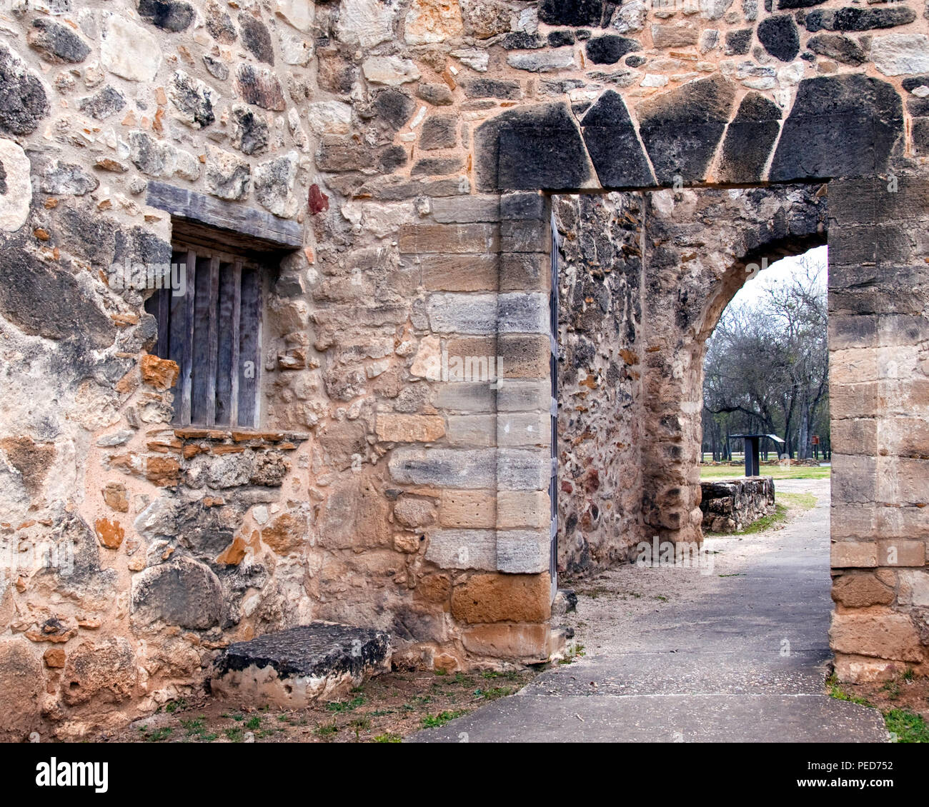 Stone wall entrance to Mission San Juan San Antonio Missions National Park Stock Photo
