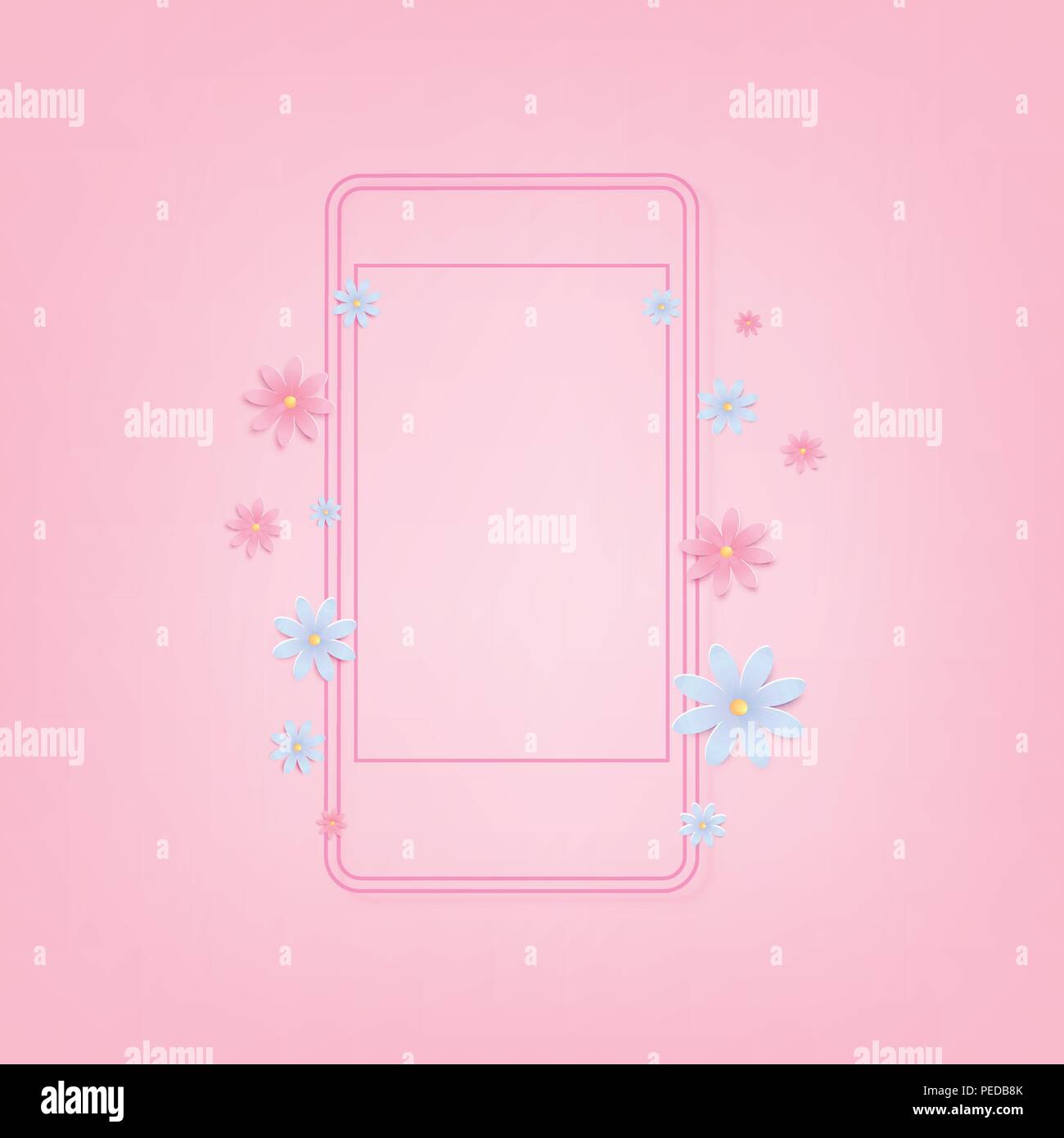 Cover With Empty Phone Frame And Flowers Pink Background