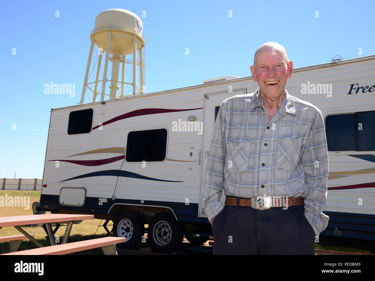 William “Bill” Miller stands in front of his camper, Aug. 7, 2015, at