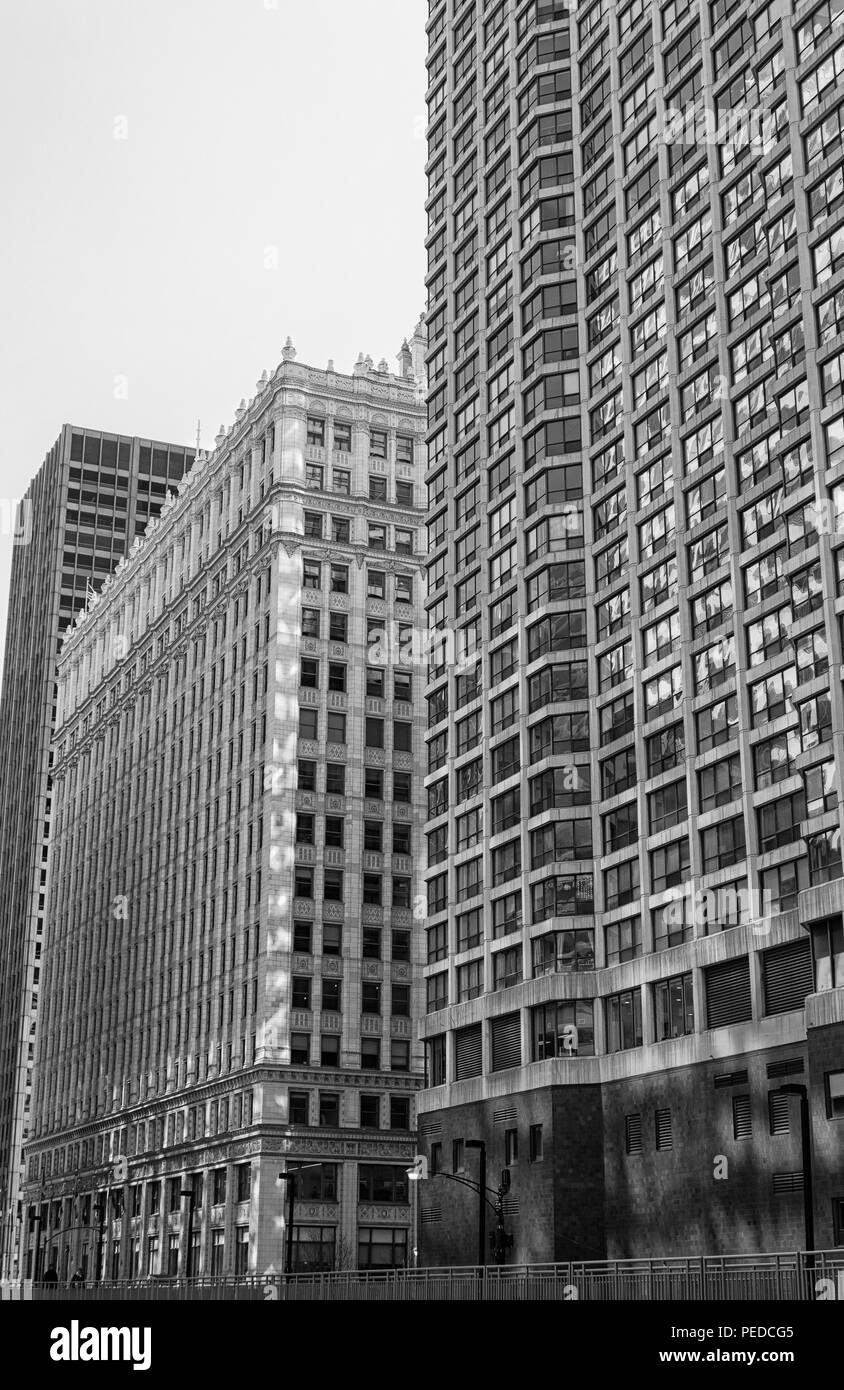 High rise buildings in Chicago downtown in black and white Stock Photo