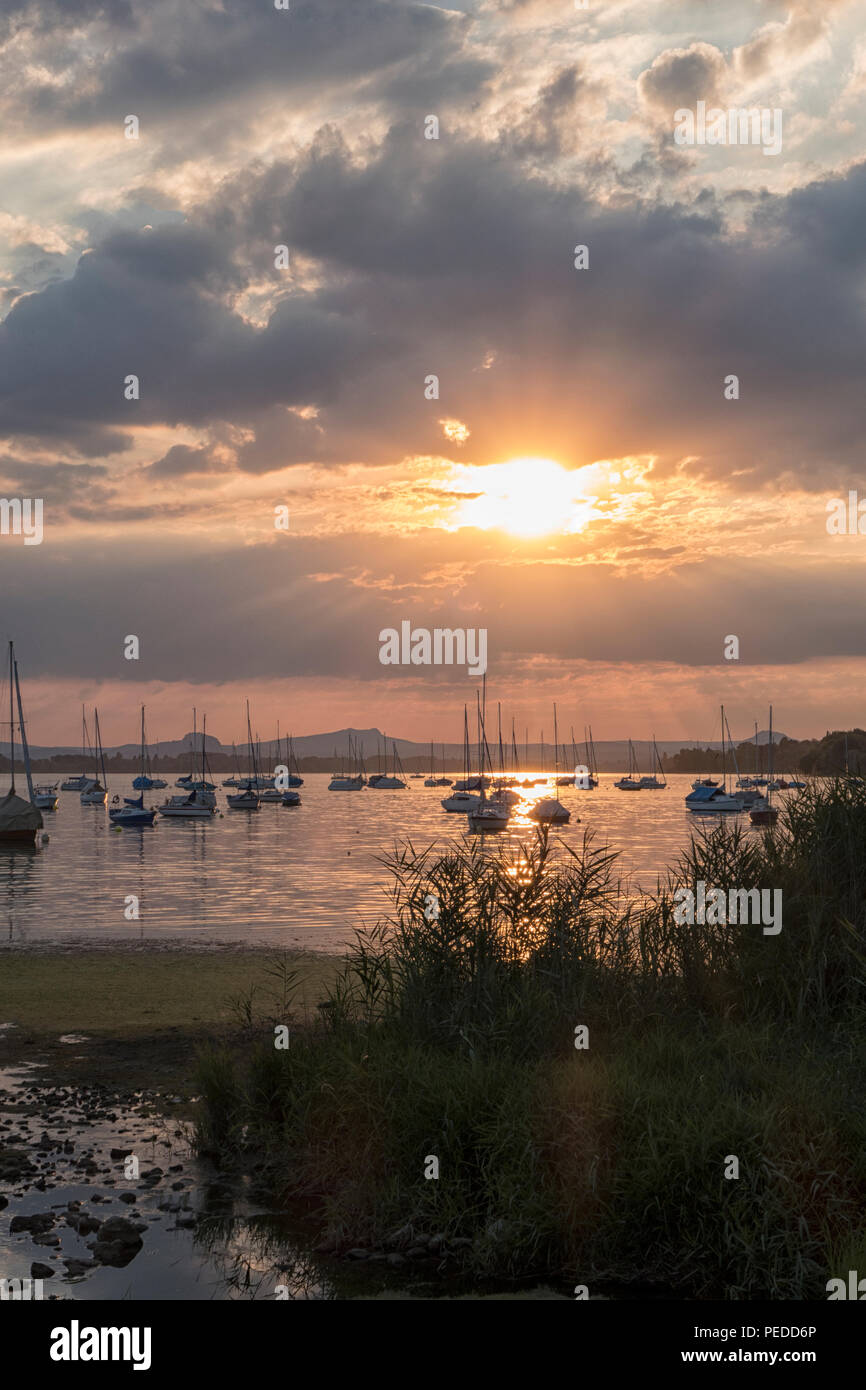 Sailing boats on Untersee, sunset, Allensbach, Lake Constance, Baden-Württemberg, Germany Stock Photo