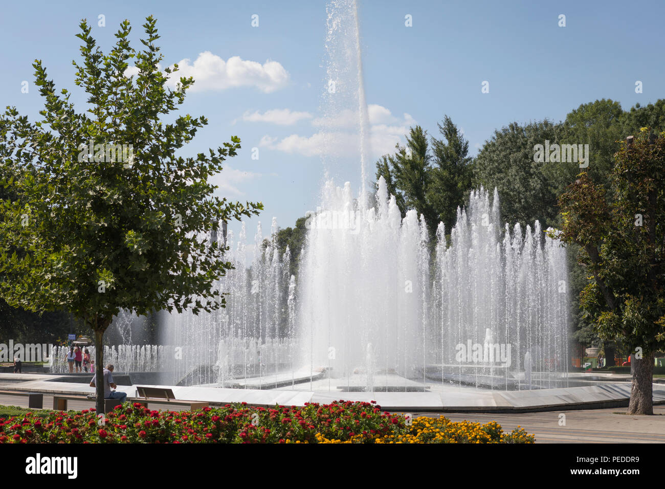 Beautiful fountains squirting water at main square in the inner city of Pleven, Bulgaria Stock Photo