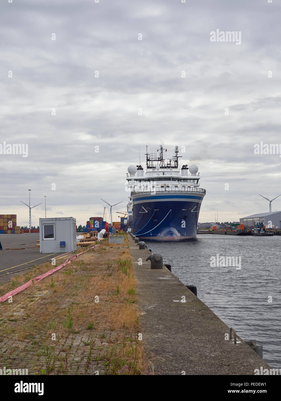 The Geo Caribbean moored up alongside the Quay at the Container Terminal in Den Haag, near Amsterdam, The Netherlands. Head on Picture. Stock Photo