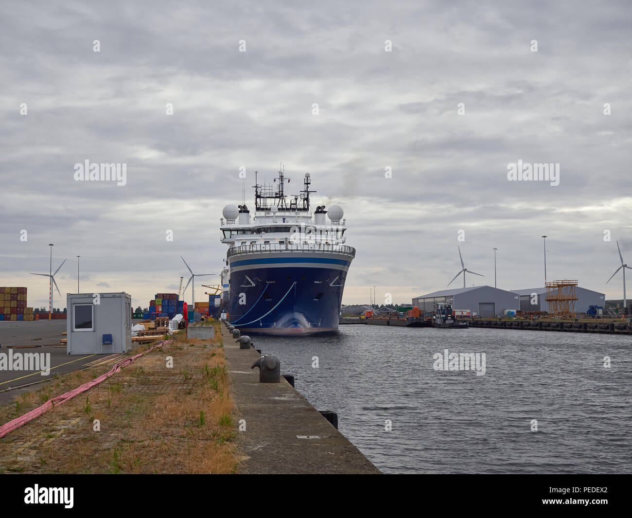 The Geo Caribbean Seismic Research Vessel moored alongside Den Haag Container Terminal under an overcast Sky. Amsterdam, Holland. Stock Photo