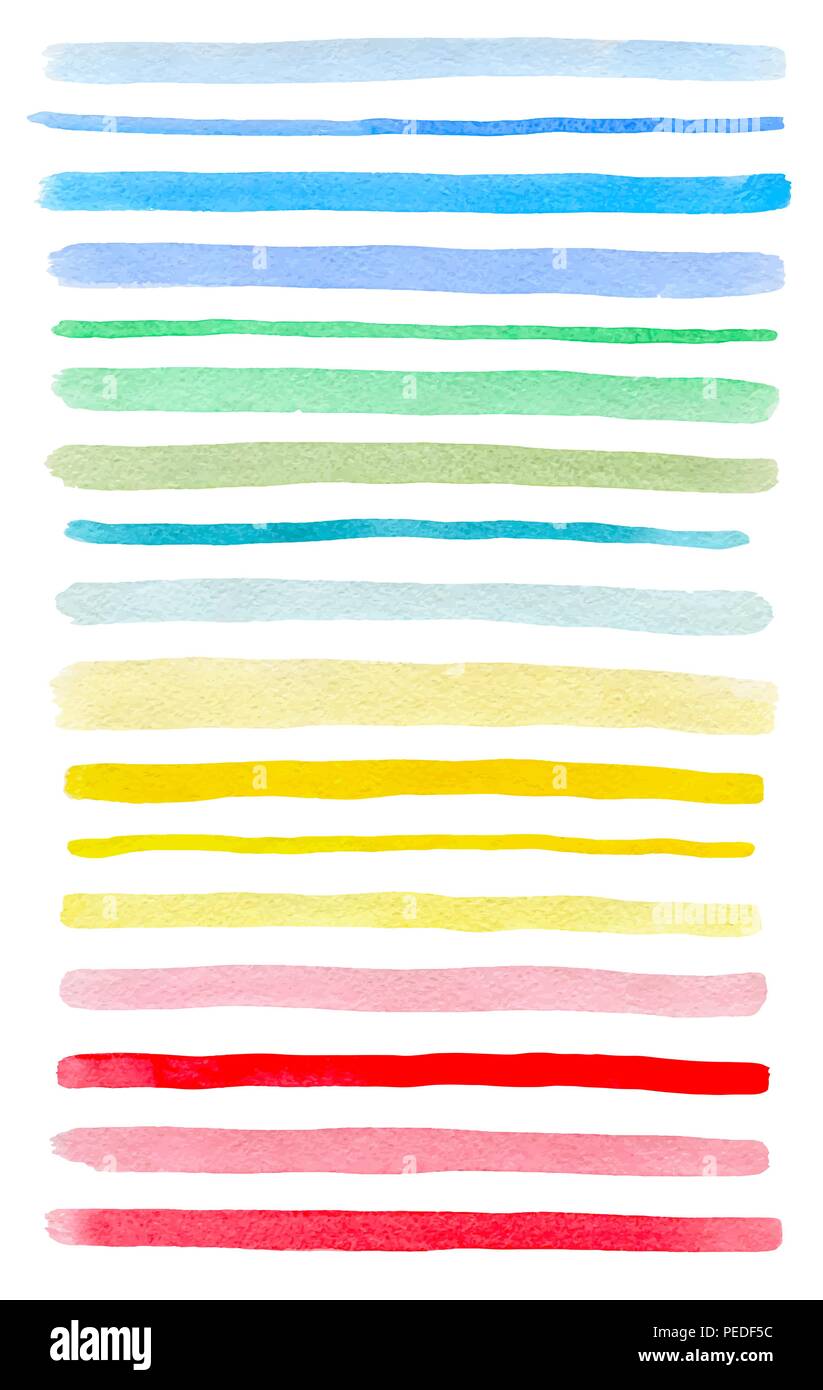 Set of colorful watercolor lines isolated on a white background. Blue, pink, green and yellow vector watercolor blots. Stock Vector