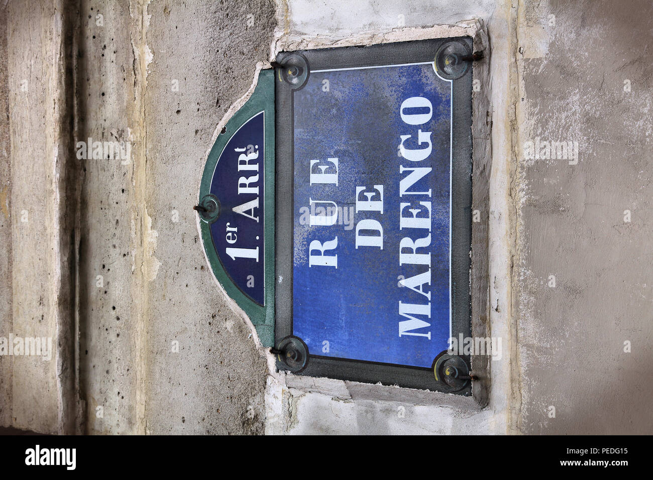 Paris, France - Rue de Marengo old street sign. Stock Photo