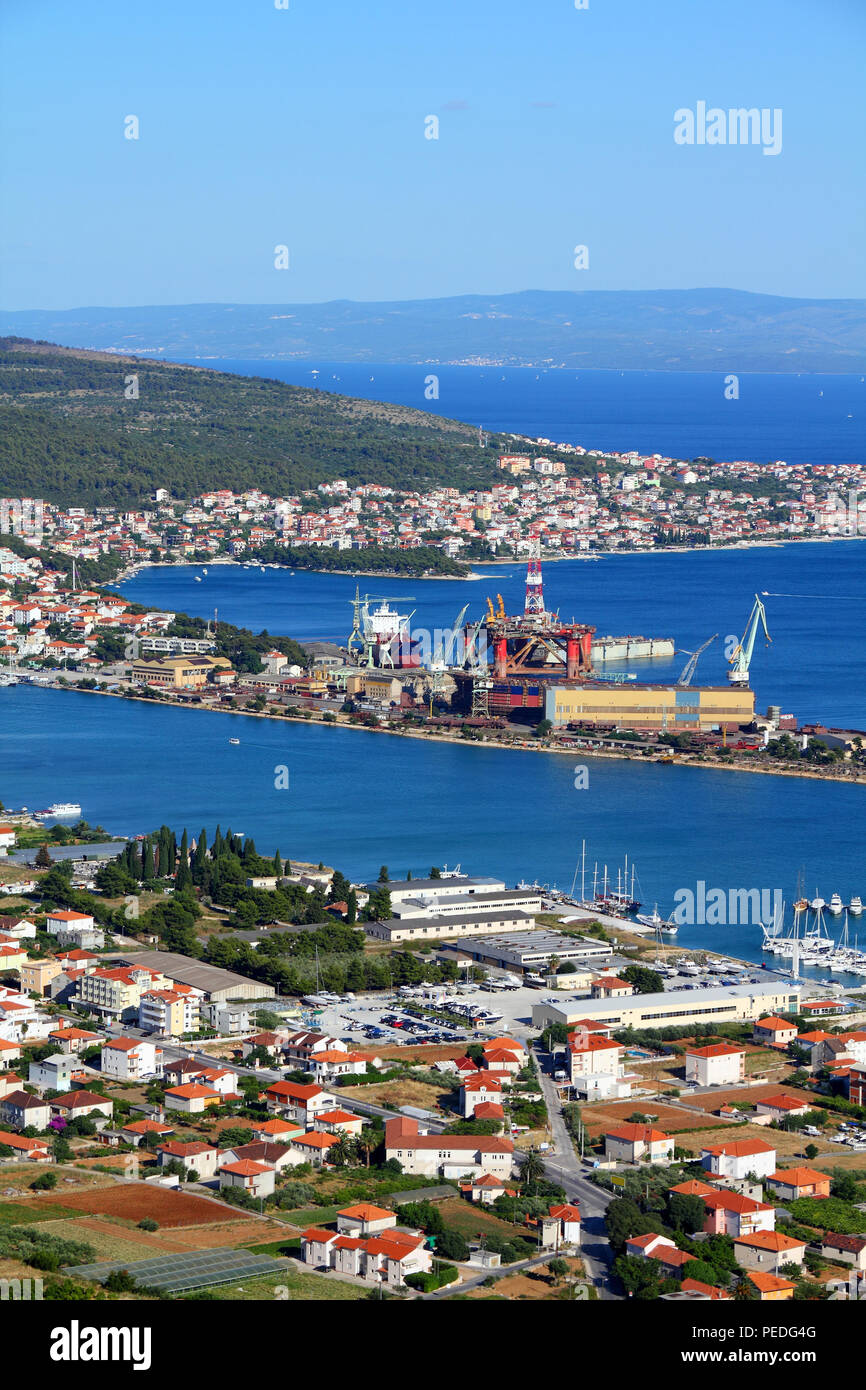 Croatia - aerial view of Trogir in Dalmatia with the sea port. Ciovo island in background. Stock Photo