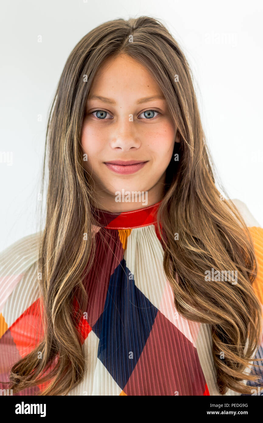 Beautiful child model Bailey works through different looks on a shoot undertaken in summer 2018 in London England. Stock Photo