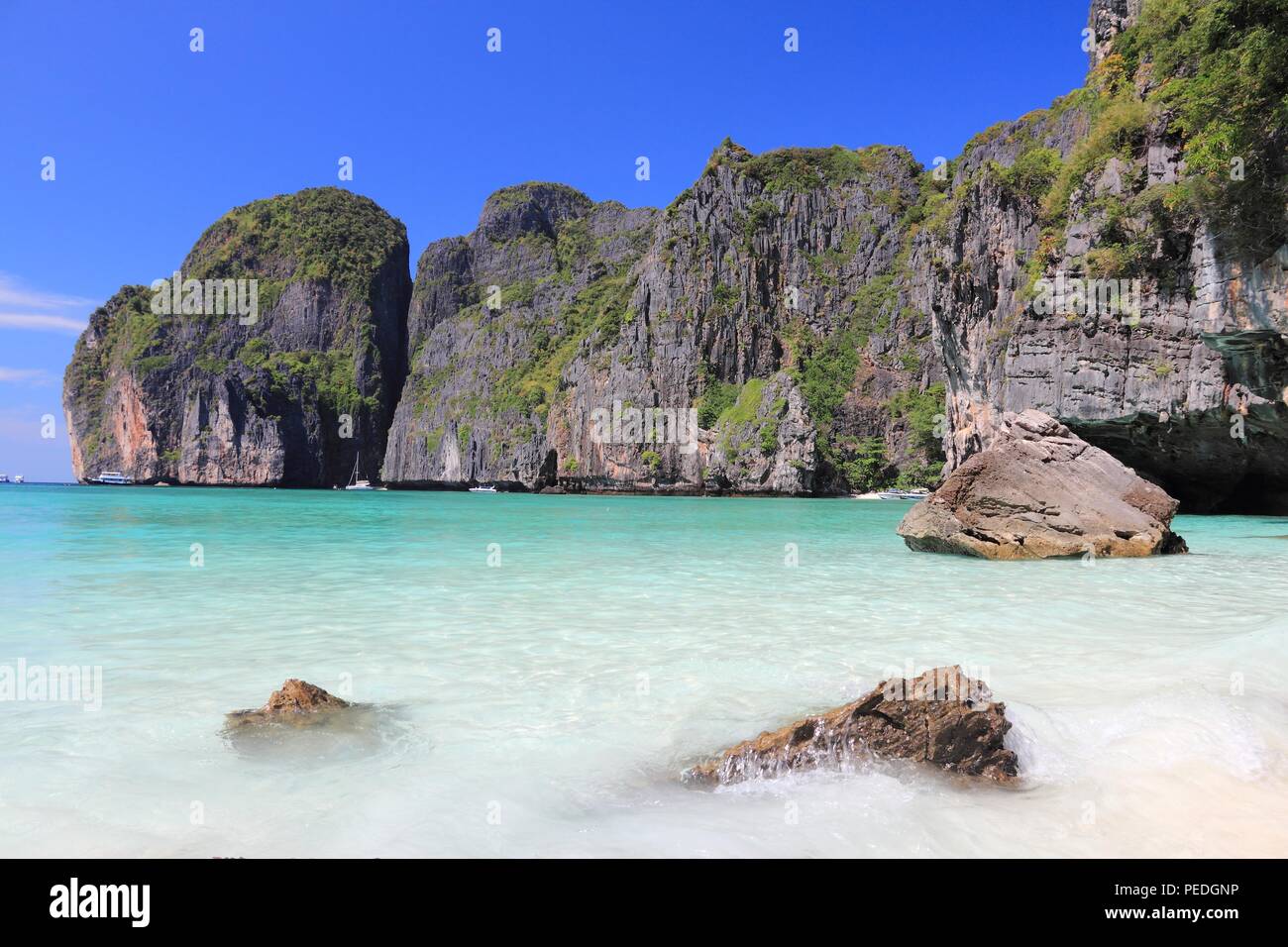 Thailand, Southeast Asia - Thai marine national park landscape. Ko Phi Phi Leh island in Krabi province. Maya Bay. Stock Photo