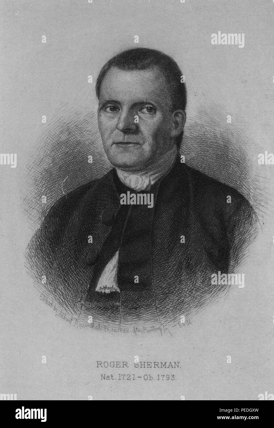 Engraved portrait of Roger Sherman, United States Congressman and Senator who was the only person sign all four of the great state papers of the United States, 1836. From the New York Public Library. () Stock Photo
