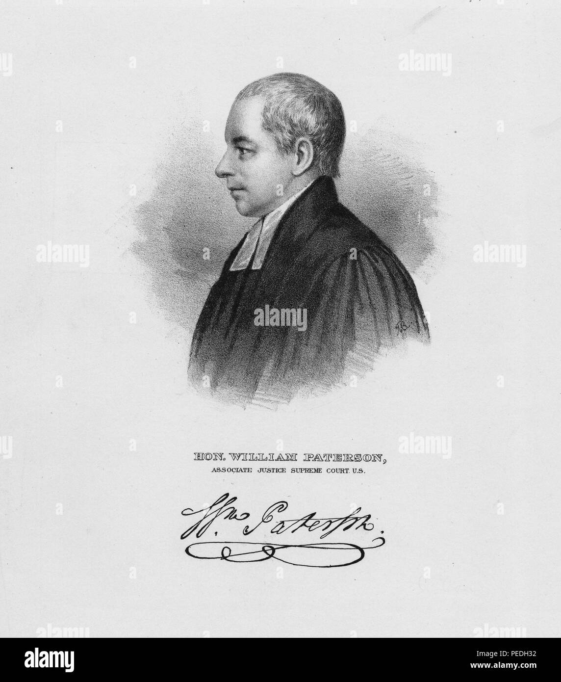 Black and white etching, depicting a profile, headshot portrait, of New Jersey statesman, US Constitution signatory, and United States Supreme Court Associate Justice, the Honorable William Paterson, wearing a dark, high collared, judicial coat, with a white tie, and a serious expression on his face, with his signature beneath the image, 1849. From the New York Public Library. () Stock Photo