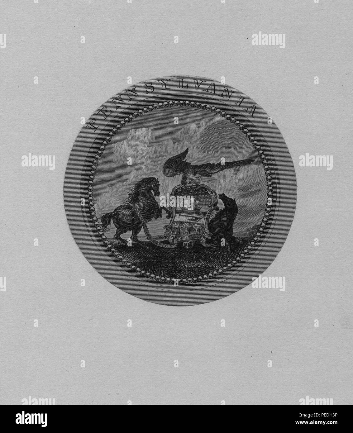 Black And White Engraving Of An Early Version Of The State Seal Of Pennsylvania The Circular Composition Includes Two Horses Flanking A Shield With An Eagle Perched Above The Shield The Shield S