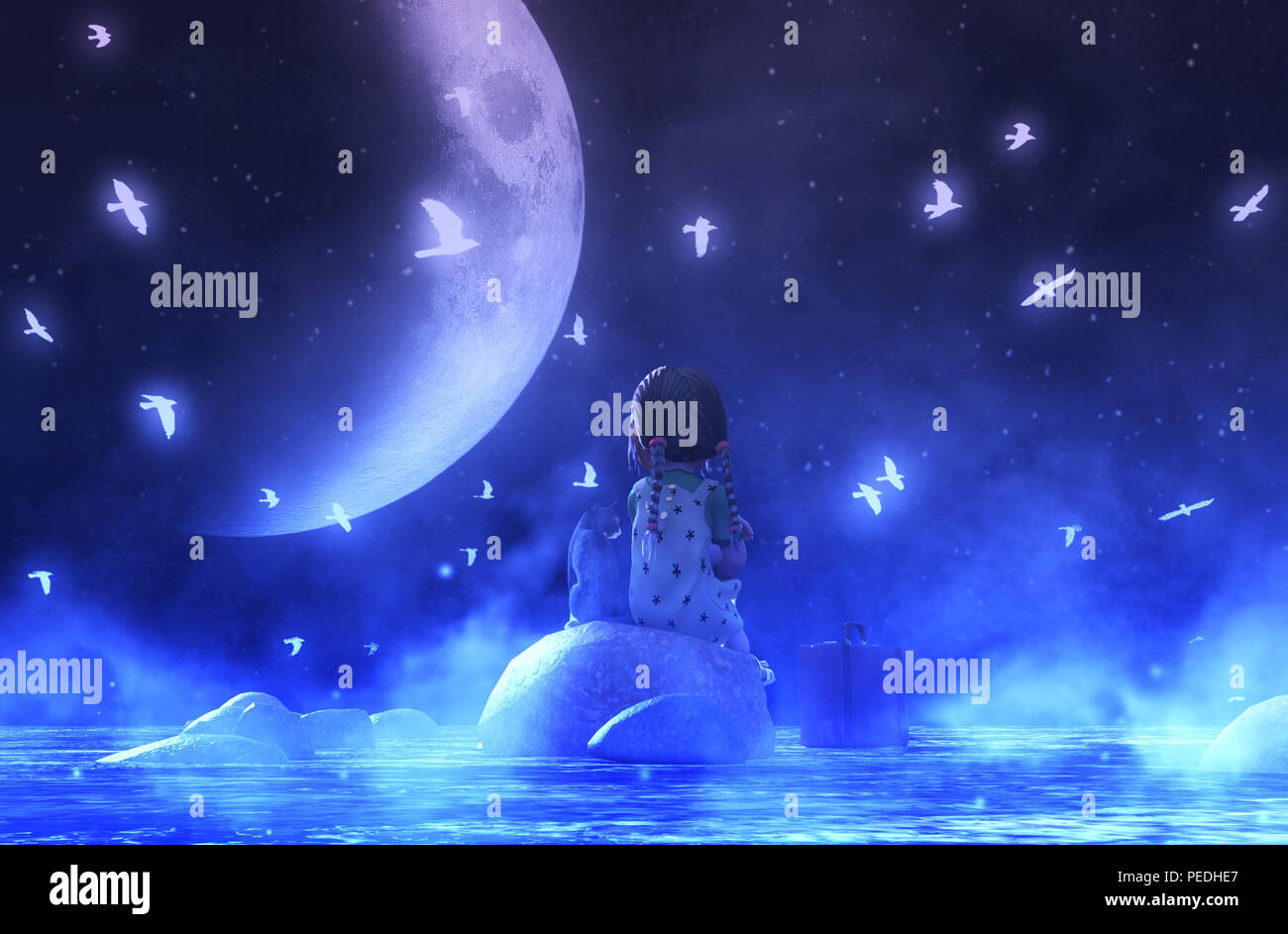 Girl Sitting Outdoors With Her Cat In Starry Night Fantasy Sky 3d Illustration Conceptual Background Stock Photo Alamy