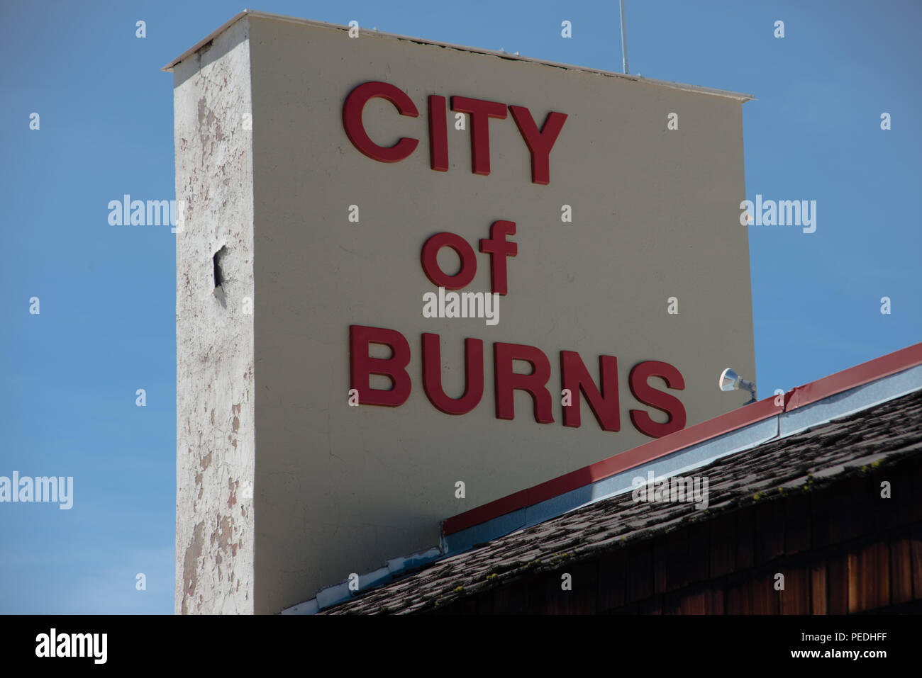 BURNS, OREGON APRIL 21 2016, Close up of the "City of Burns" signage on top of the Burns City