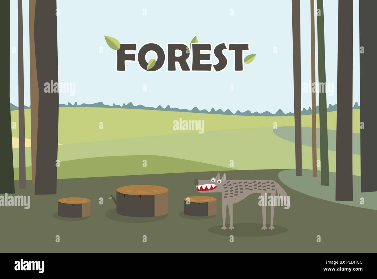 Wolf in forest. Tree Stumps. Cartoon vector with forest background. Stock Vector