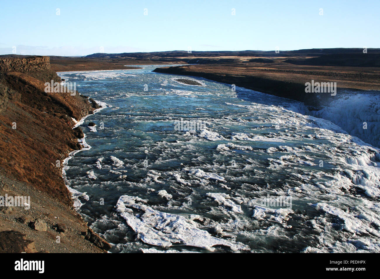 Hvítá river running into Gullfoss waterfall in winter, Iceland Stock Photo