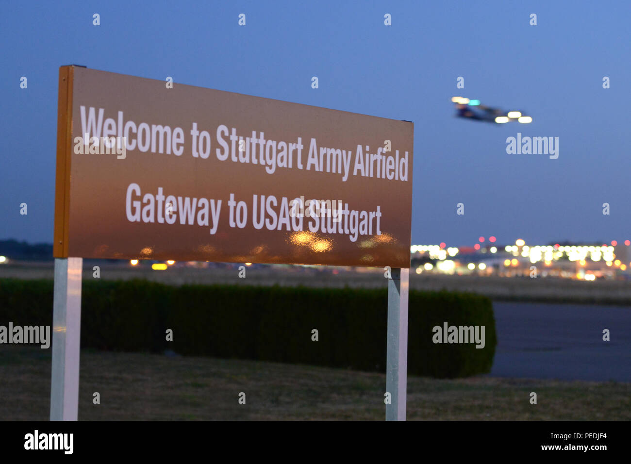 One of the first aircraft of the day prepares to land at the Stuttgart