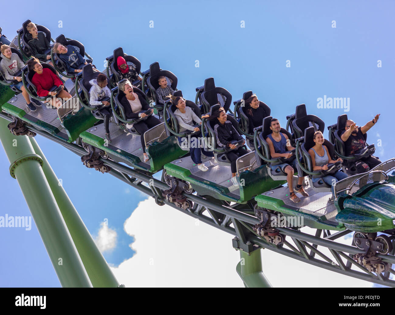 Helix roller coaster at Liseberg set against blue sky Stock Photo