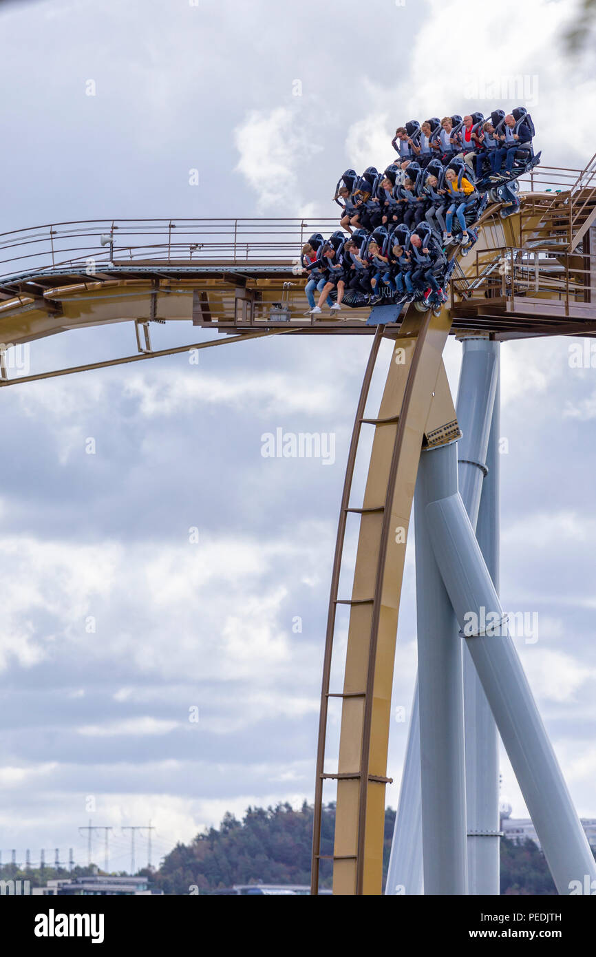 View of the new Valkyria roller coaster at Liseberg amusement park -  Europe's longest dive coaster Stock Photo - Alamy