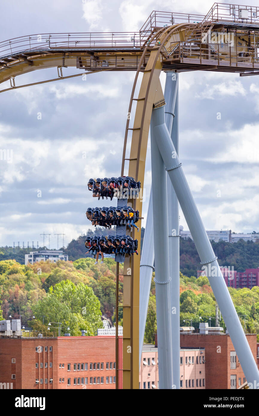 View of the new Valkyria roller coaster at Liseberg amusement park - Europe's longest dive coaster Stock Photo