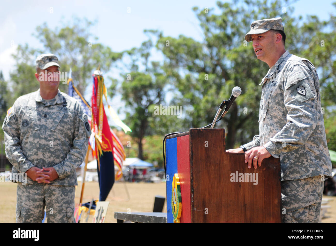 Col. David Womack, commander of 2nd Stryker Brigade Combat Team, 25th Infantry Division, addresses his soldiers during the closing ceremony for the Week of the Warrior. Every year, 2 SBCT celebrates its birth year by holding a weeklong competition within the brigade. Stock Photo