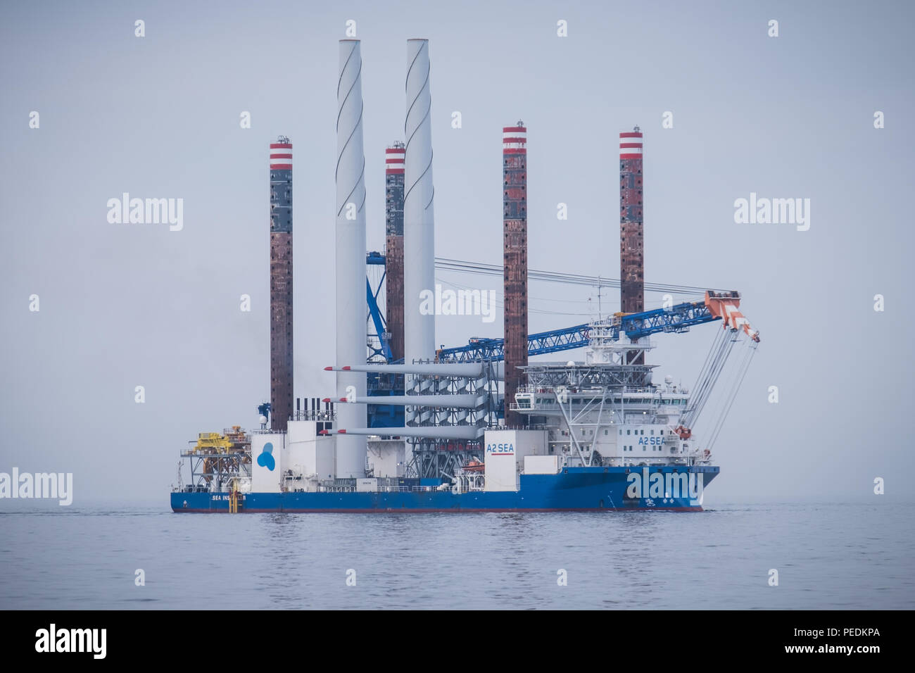 A2Sea's jack-up installation vessel, Sea Installer, on the Race Bank Offshore Wind Farm in the Southern North Sea, UK Stock Photo