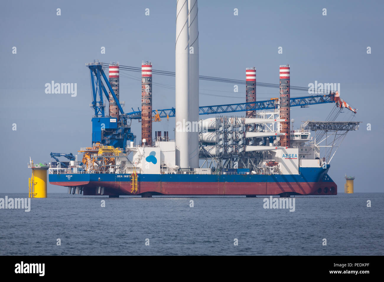 A2Sea's jack-up installation vessel, Sea Installer, on the Race Bank Offshore Wind Farm in the Southern North Sea, UK Stock Photo