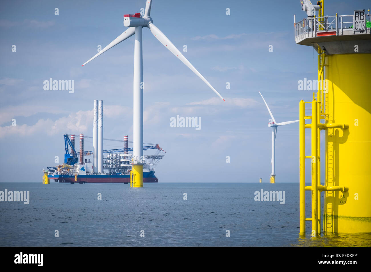A2Sea's jack-up turbine installation vessel, Sea Installer, on the Race Bank Offshore Wind Farm in the Southern North Sea, UK Stock Photo
