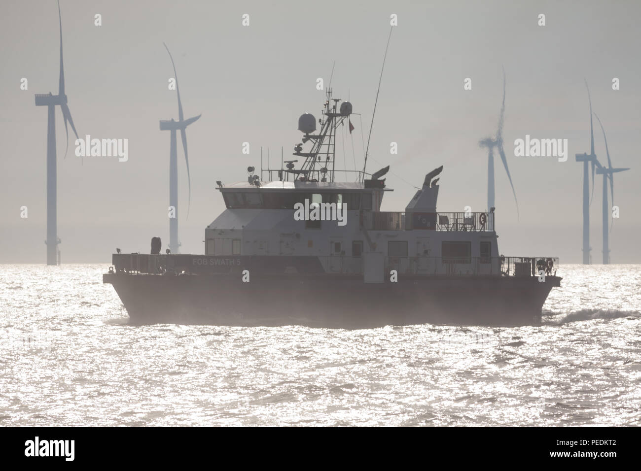 The crew transfer vessel Fob Swath 5 working on the Race Bank Offshore wind farm in the Southern North Sea Stock Photo