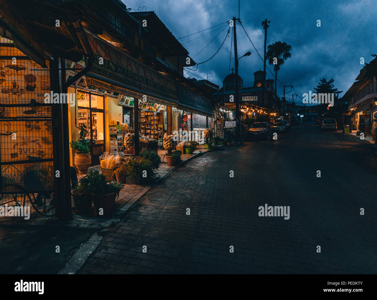 Spili Crete, Greece August 2018: Night view on a street in the village