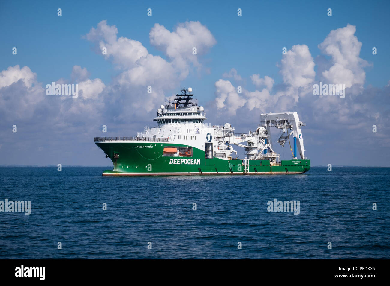 The offshore construction support vessel, Havila Phoenix, working on the Race Bank offshore wind farm in the North Sea, UK Stock Photo