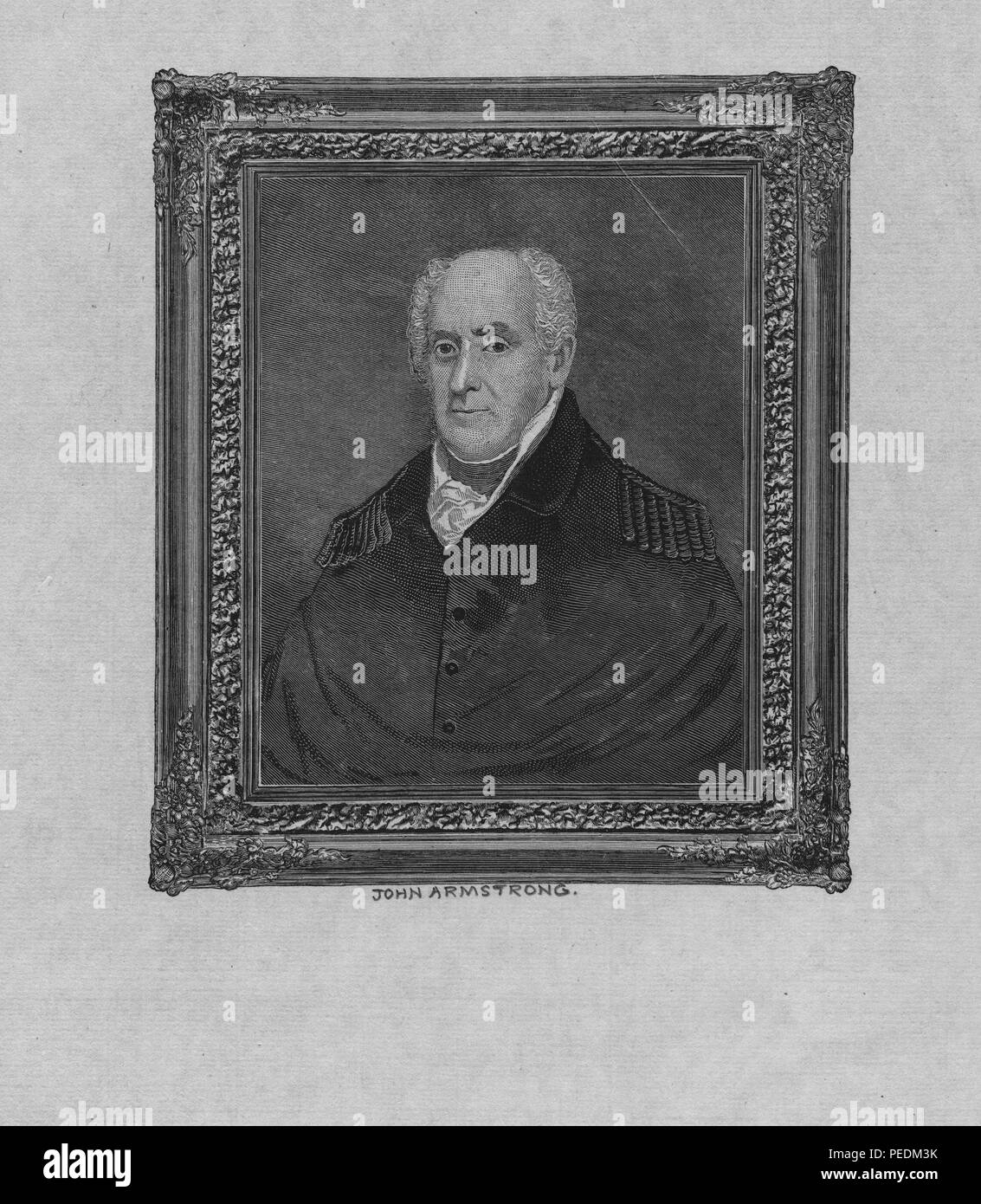 Black and white print of US soldier, civil engineer, and Pennsylvania delegate to the Continental Congress, John Armstrong Sr, depicted from the chest up, with a heavily receding hairline, facing the viewer in three-quarter profile view, with a calm expression on his face, wearing a dark, high collared cape, with fringed epaulets at the shoulders, and a white ascot tied at his neck, 1841. From the New York Public Library. () Stock Photo
