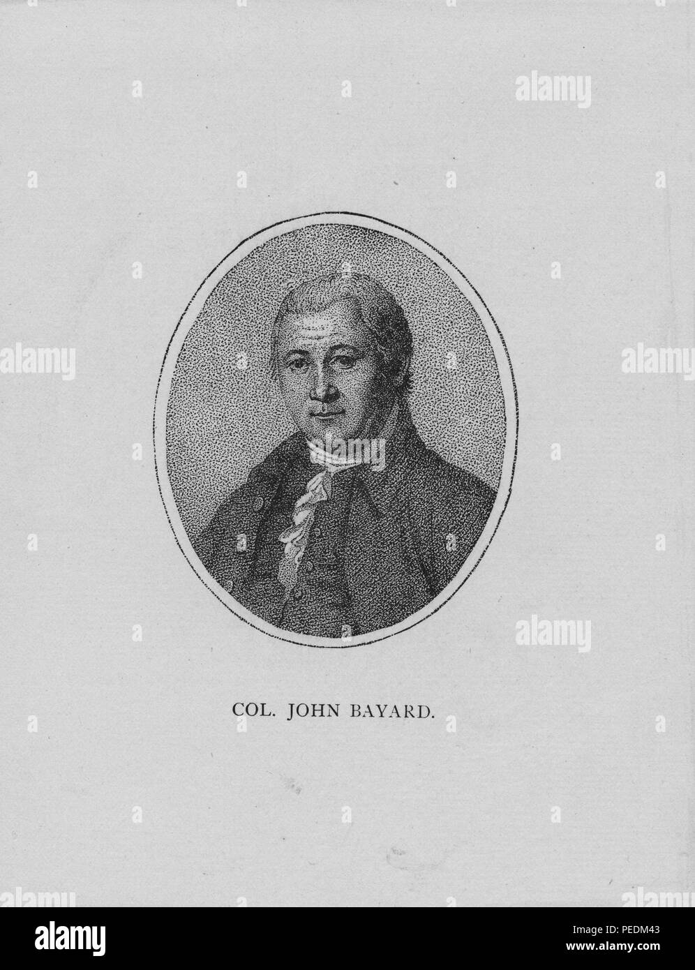 Black and white print of merchant, soldier, Philadelphia delegate to the Continental Congress, and later Mayor of New Brunswick, New Jersey, Colonel John Bubenheim Bayard, depicted from the chest up, with white hair and a calm expression on his face, wearing a dark, high collared jacket and a white ascot tied in ruffles at his neck, 1841. From the New York Public Library. () Stock Photo