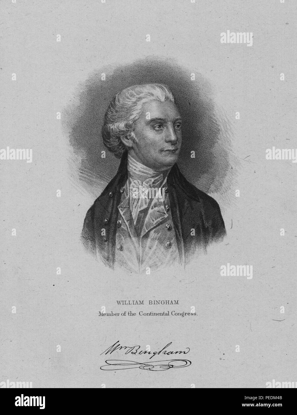 Black and white print of US Senator and Philadelphia delegate to the Continental Congress, William Bingham, depicted from the chest up, with white hair or a wig, his head turned in three-quarter profile, and a serious expression on his face, wearing a dark jacket and a white ascot tied in a bow at his neck, 1841. From the New York Public Library. () Stock Photo