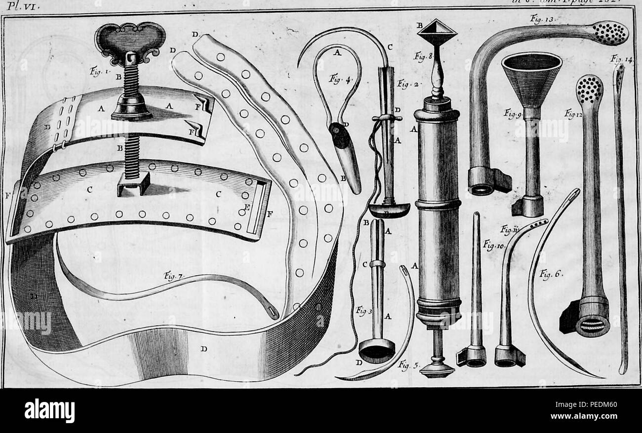 Black and white illustration depicting various instruments used for chest surgery, from the volume 'Institutions de Chirurgie' (Institutions of Surgery) authored by Lorenz Heister and Francois Paul, and published in Avignon at JJ Niel, 1770. Courtesy Internet Archive. () Stock Photo