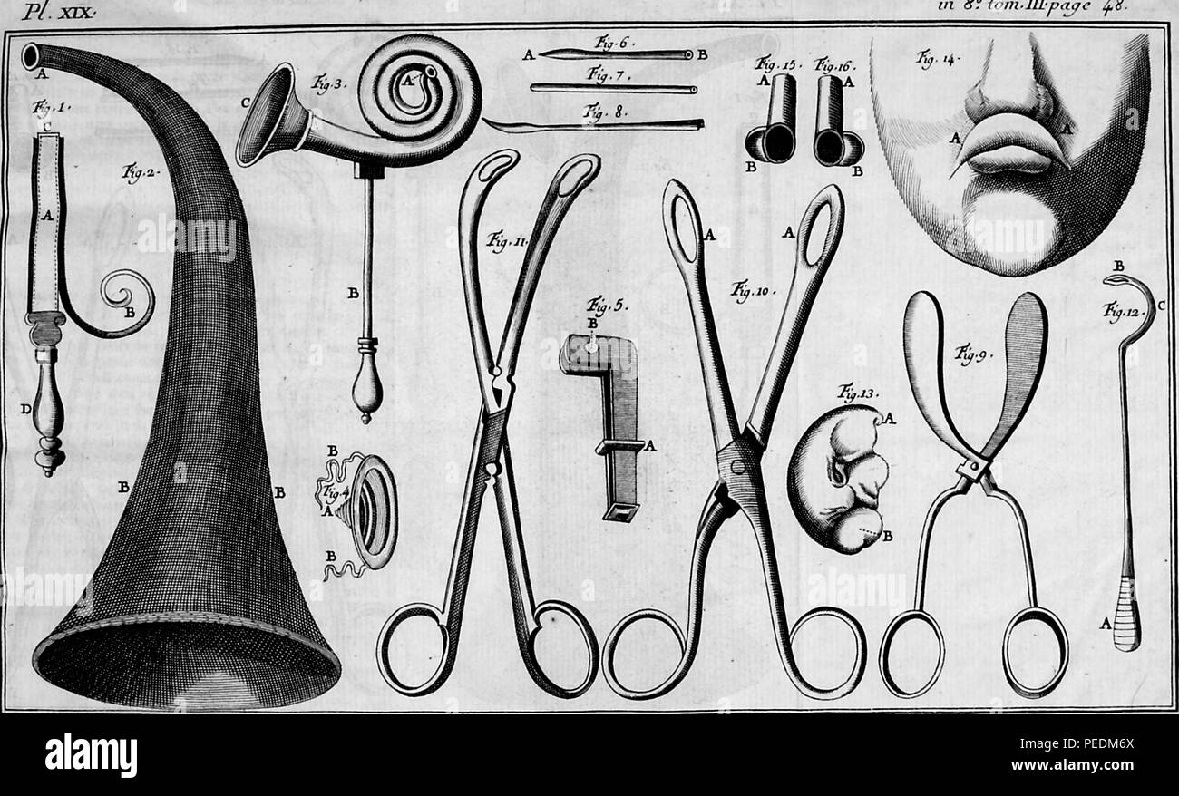 Black and white illustration depicting various instruments used for nostril surgery, from the volume 'Institutions de Chirurgie' (Institutions of Surgery) authored by Lorenz Heister and Francois Paul, and published in Avignon at JJ Niel, 1770. Courtesy Internet Archive. () Stock Photo
