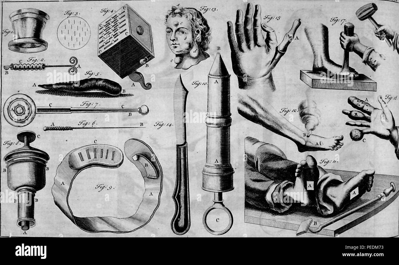 Black and white illustration depicting various instruments used to amputate limbs, from the volume 'Institutions de Chirurgie' (Institutions of Surgery) authored by Lorenz Heister and Francois Paul, and published in Avignon at JJ Niel, 1770. Courtesy Internet Archive. () Stock Photo