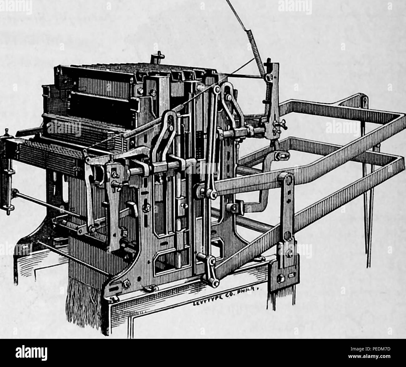 Black and white engraving of a double-lift, single cylinder, jacquard machine, produced in Philadelphia by Thomas Halton, from the volume 'Technology of textile design, ' authored by EA (Emanuel Anthony) Posselt, and published in Philadelphia by the author, Philadelphia, Pennsylvania, 1889. Courtesy Internet Archive. () Stock Photo
